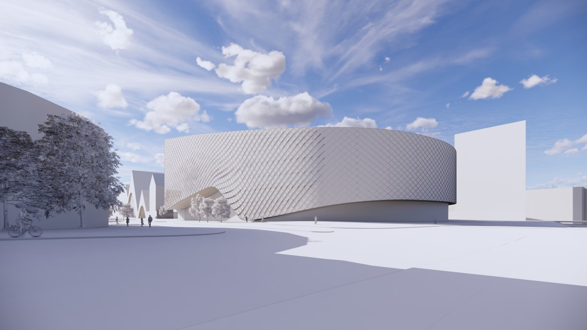 Architectural visualization of the arena for events and experiences from the open space on the side of Asemakeskus.