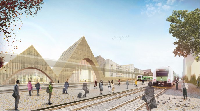 Architectural visualization of Oulu's Station Centre area. The picture shows the triangular shape of the Station Centre and the railway.
