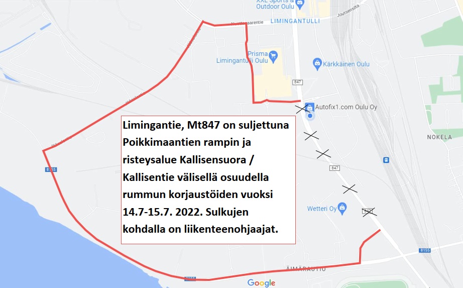 Kartta suljetusta kohdata Limingantiellä sekä kiertoreitti