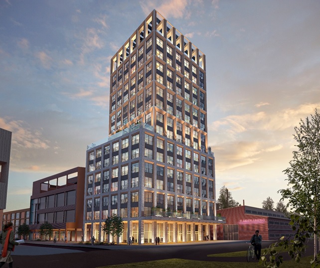 Havainnekuva kilpailun voittaneesta puukerrostalosta.