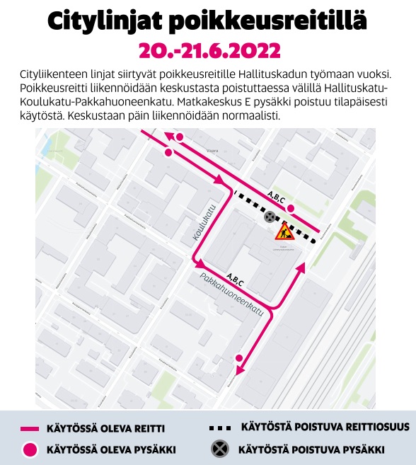 Karttakuva, jossa on kerrottu poikkeusreiteistä.