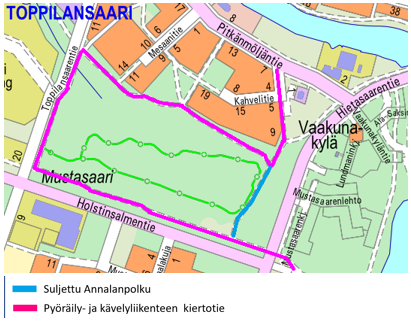 Kartalle merkitty käytöstä poistettu Hannalanpolku turkoosilla viivalla ja kiertotie pinkillä viivalla