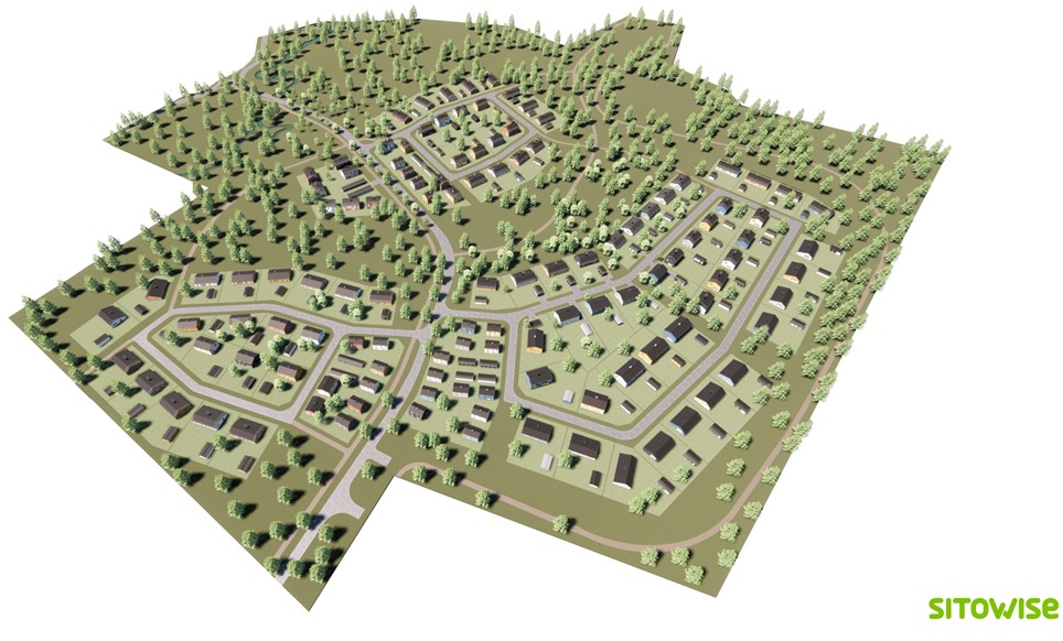 Havainnekuva Näppärinkankaan alueesta ilmasta käsin katsottuna, pienellä taloja ja teitä ja puita