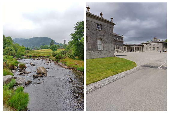 Maisemakuvia joen rannalta ja harmaan kivisen talon pihasta.