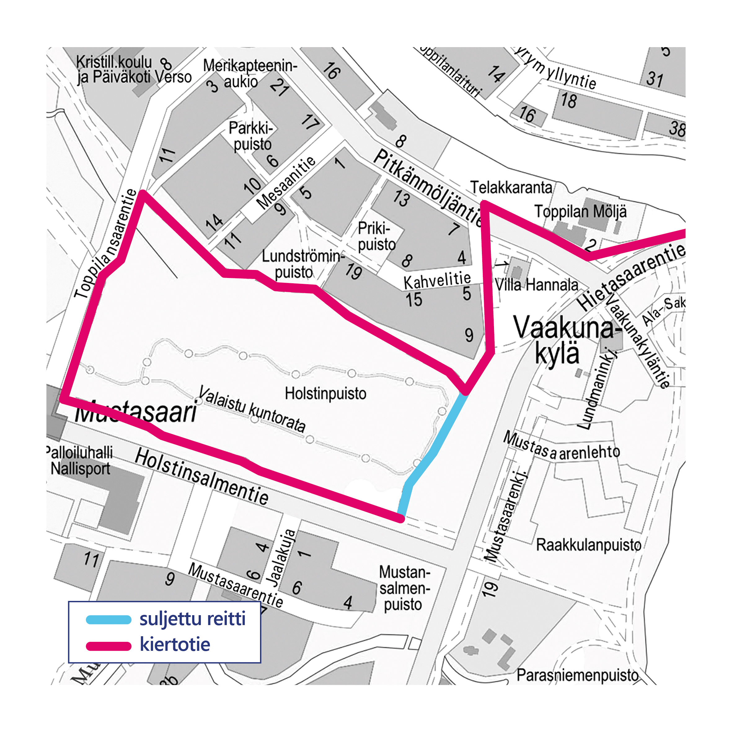 Kartta, jossa näkyvät pyörätien kiertotiet.