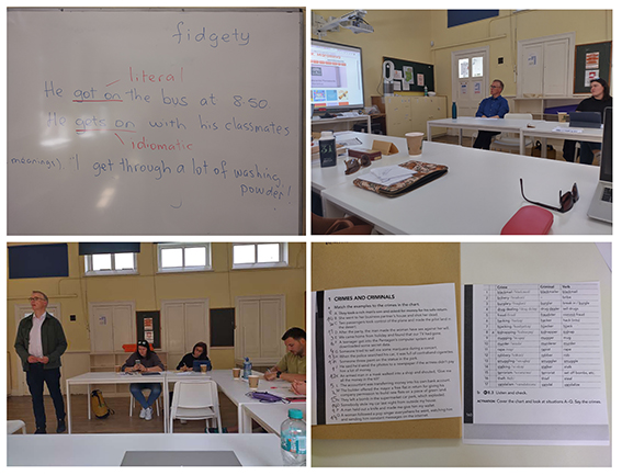 Kuvia luokkahuoneesta opetustilanteessa, sekä kuva tehtävämateriaaleista.