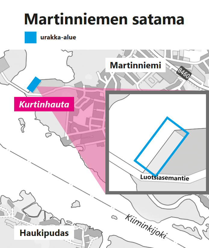 Karttakuva Martinniemen sataman urakka-alueesta.