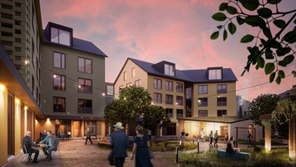 Puisten kerrostalojen ympäröimä sisäpiha, jossa oleskelee ihmisiä.