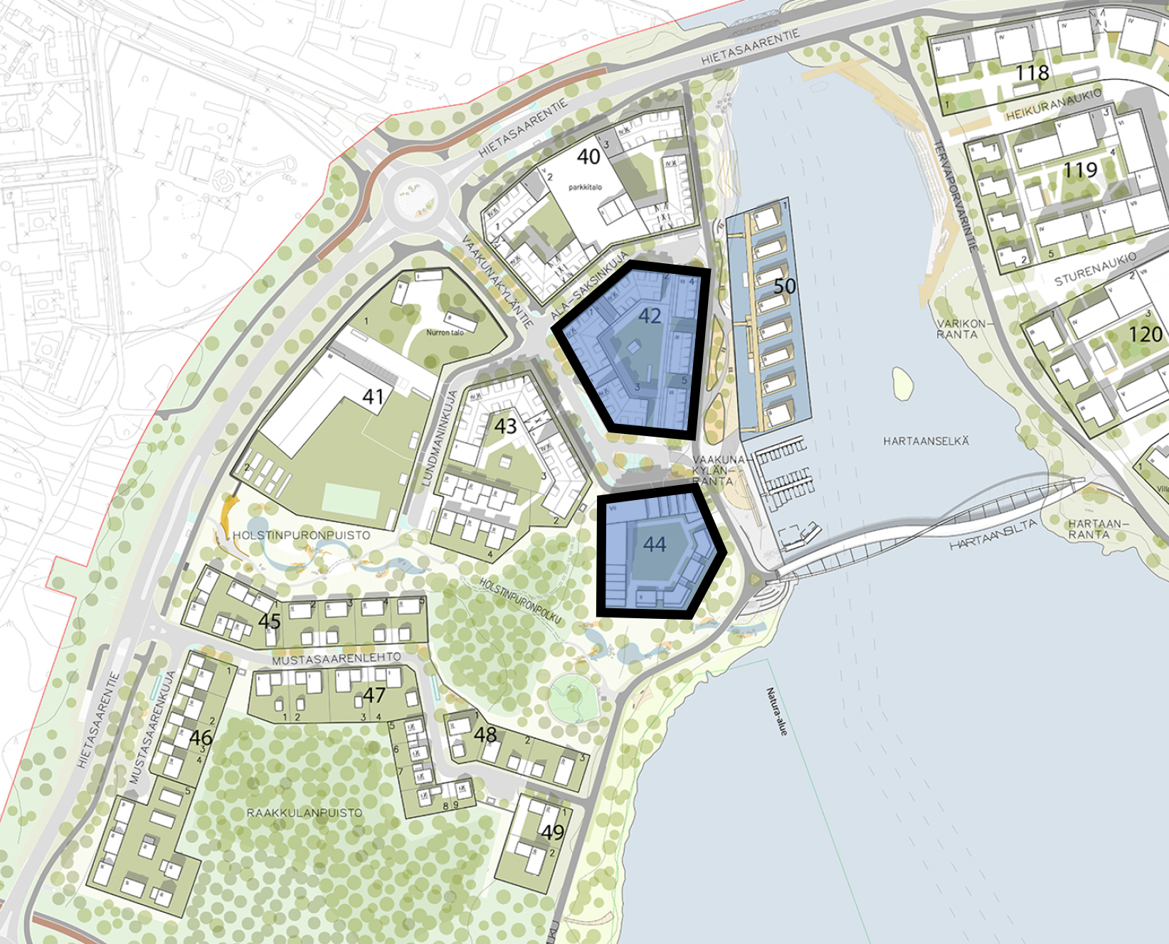 Hartaanselänrannan kartalle merkitty haussa olleet kerrostalokorttelit 42 ja 44 mustalla rajauksella