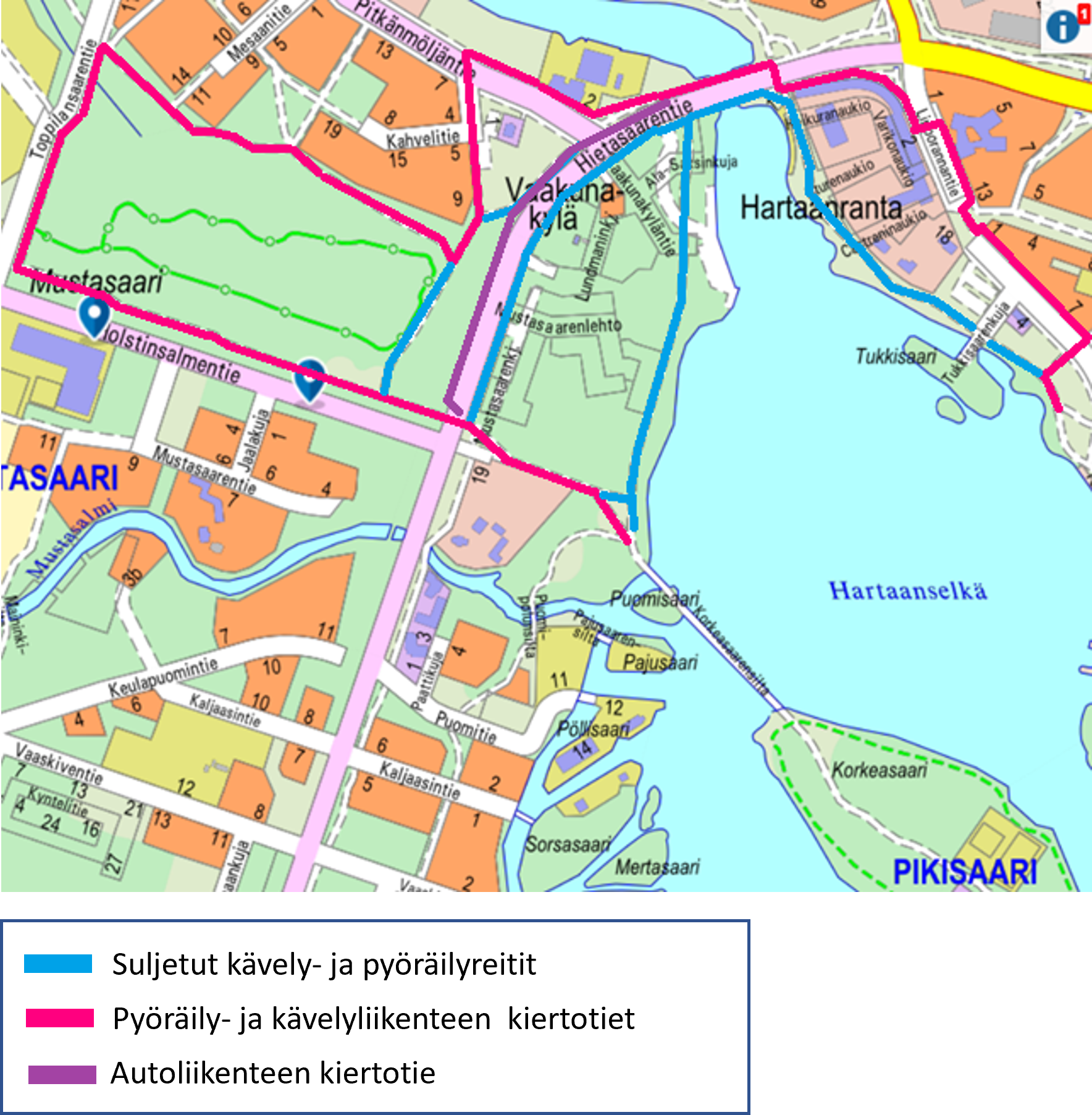 Kartalla pinkillä kevyen liikenteen kiertotiet, violetilla autoliikenteen kiertotiet ja sinisellä käytöstä väliaikaisesti poistetut kev yen liikenteen reitit