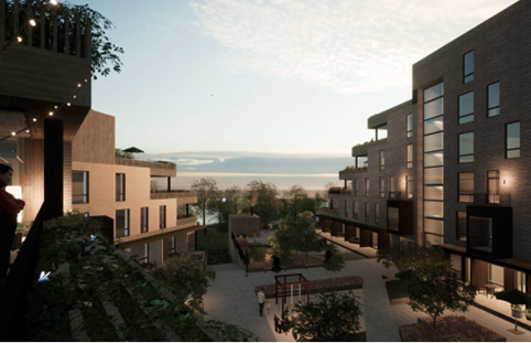 Kahden terassitalon vöissö on katettu ja vehreä sisäpiha.