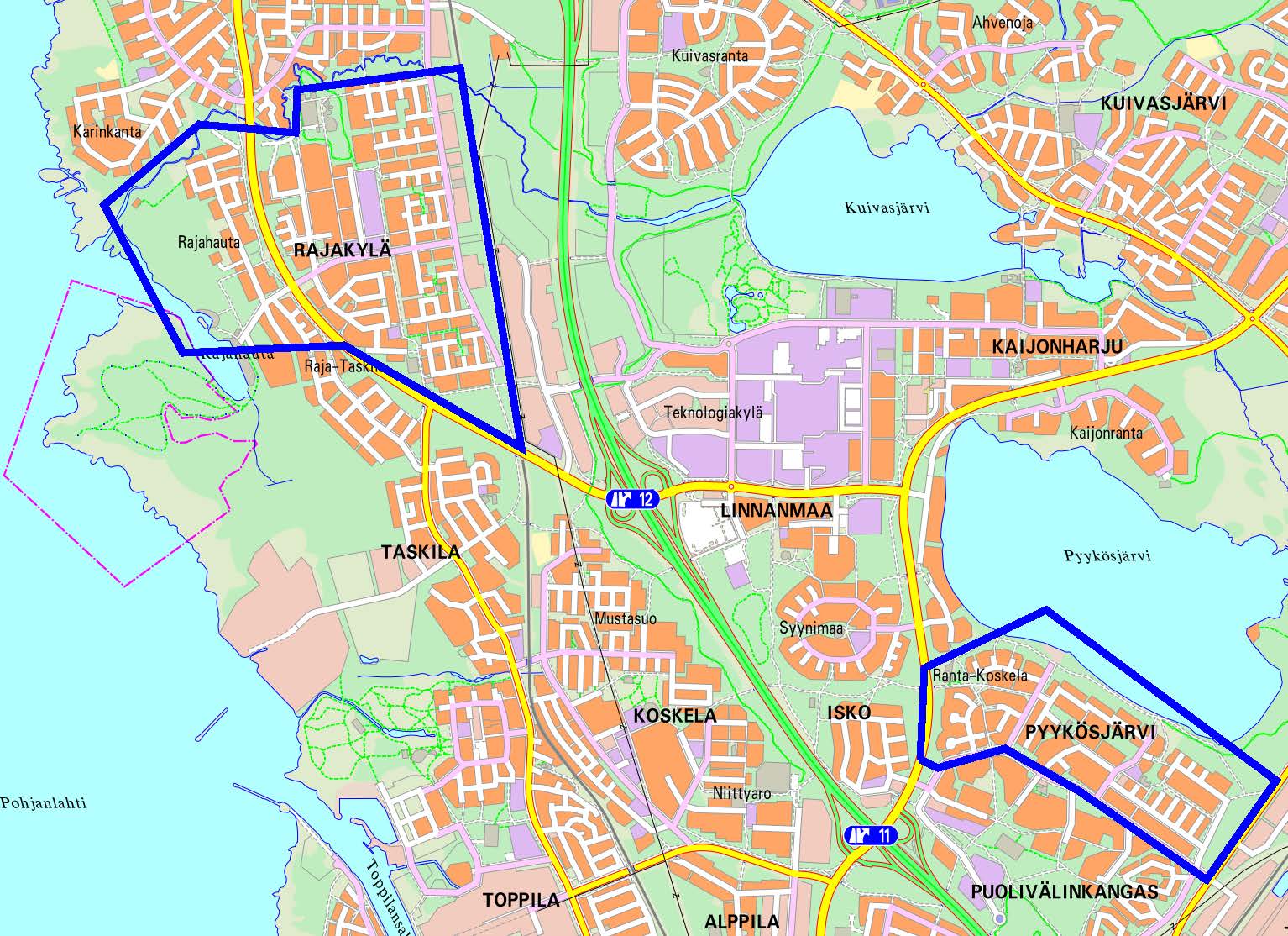 Mittarinvaihtoalueet merkittynä kartalle