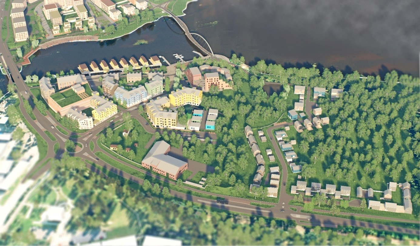 Piirretty ilmakuva, jossa näkyy metsää, teitä ja rakennuksia sekä vesistö