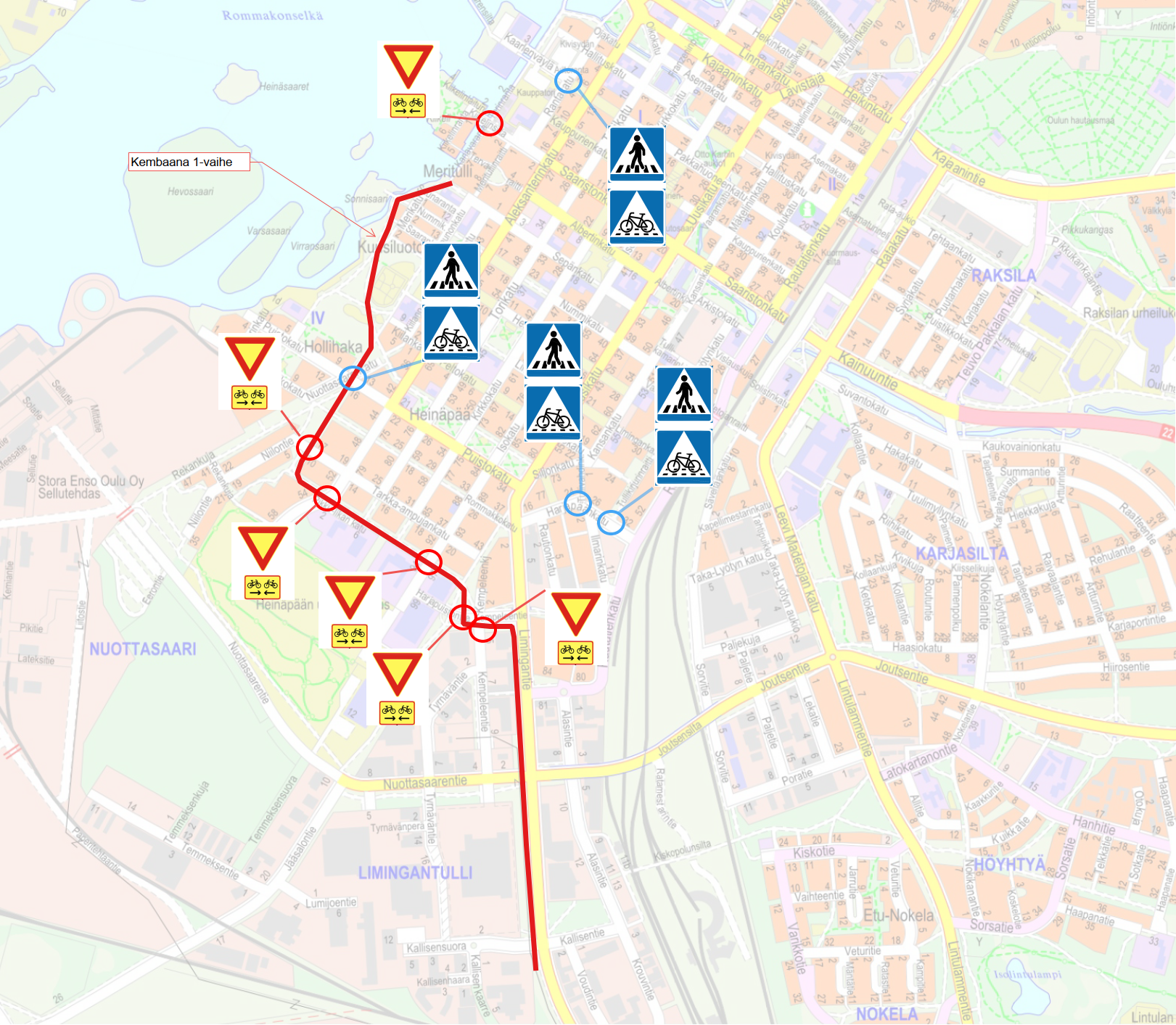 Karttakuva Oulun kaupungin keskustasta, johon on merkitty uusia väistämisvelvollisuusmuutoksia.