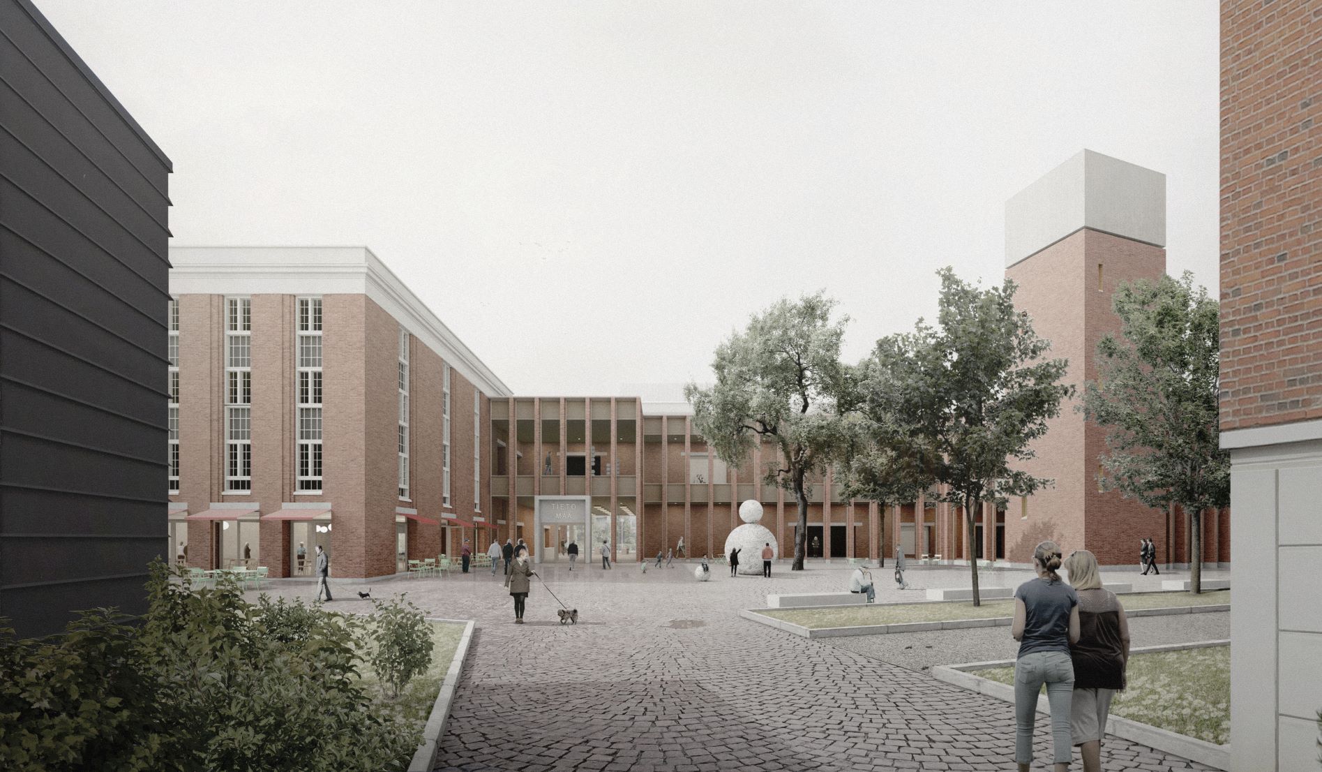 Kuvassa rakennus, havainnekuva etuovelta ulkoapäin