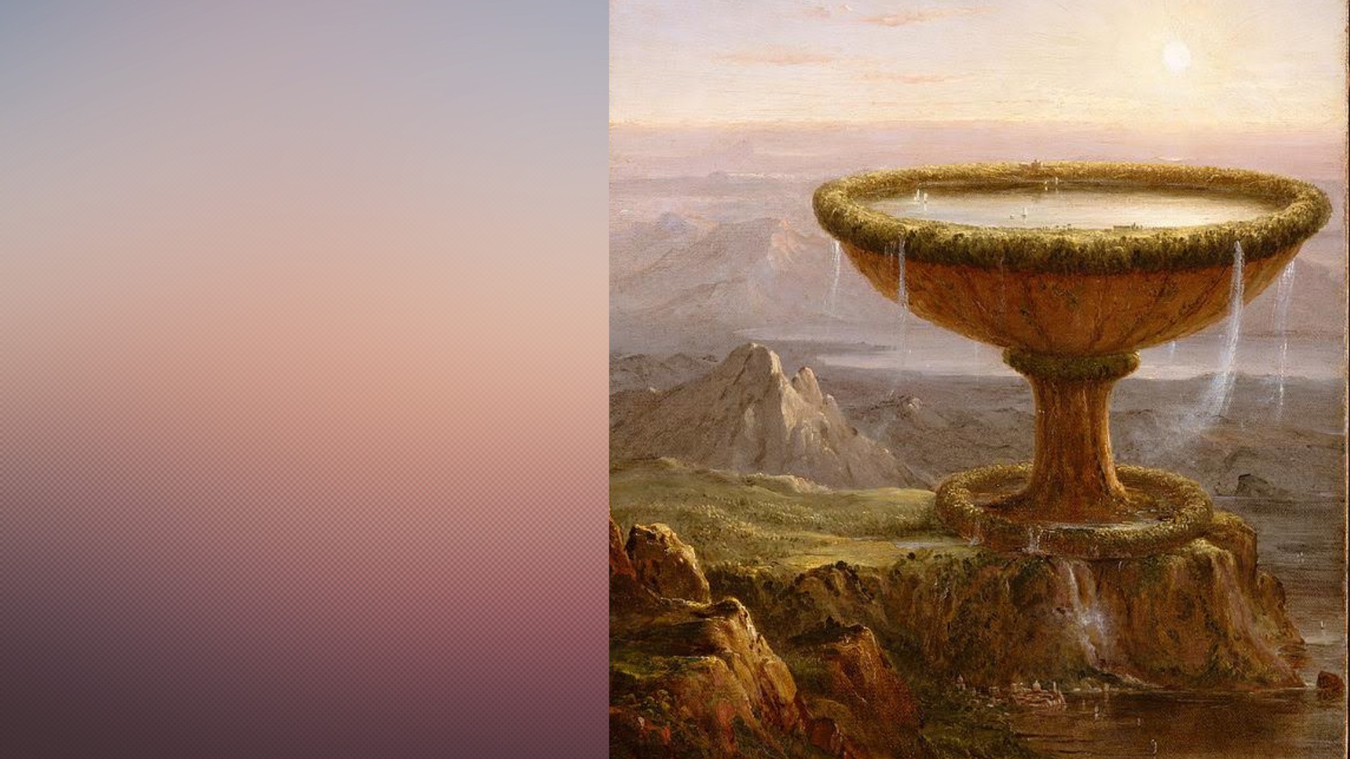 Kuvassa oikealla iso kivinen malja kallion kielekkeellä, taustalla vuoristomaisema.