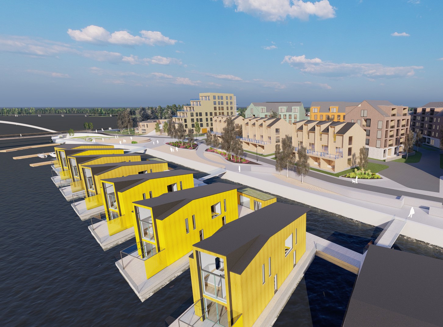 Etualalla keltaisia veden pinnalla kelluvia taloja. Taustalla kerrostaloja. Piirretty kuva.