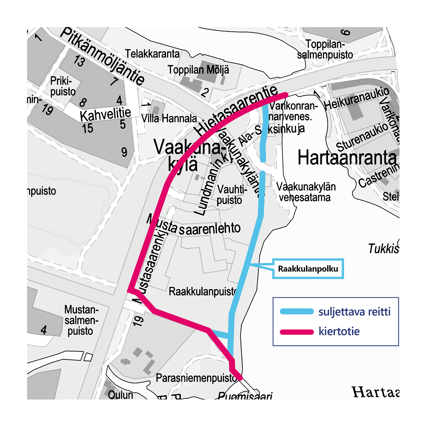 Suljettu reitti ja kiertotie merkittynä kartalle