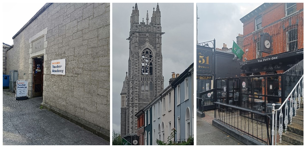 Rakennuksia, pubi ja kirkko ja Dublinin Teachers Academy-koulu ulkopuolelta kuvattuna.