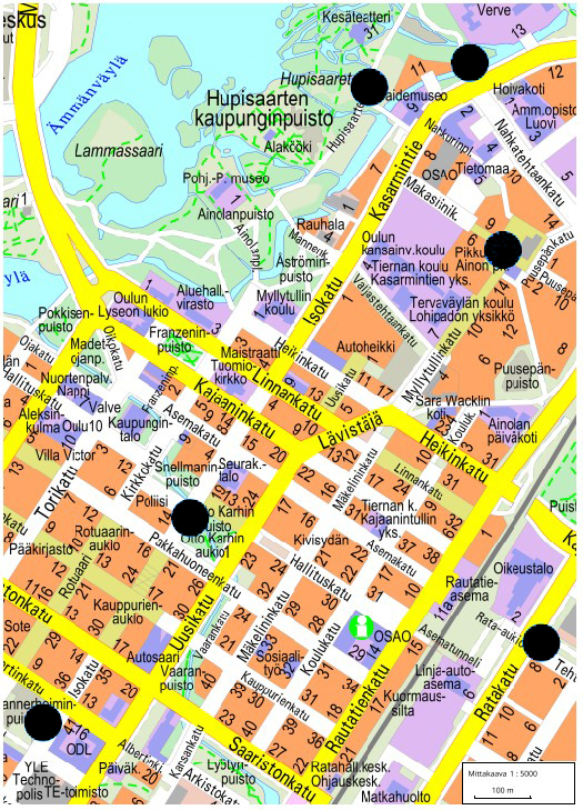 Kartalle merkittynä keräysastioiden sijainnit