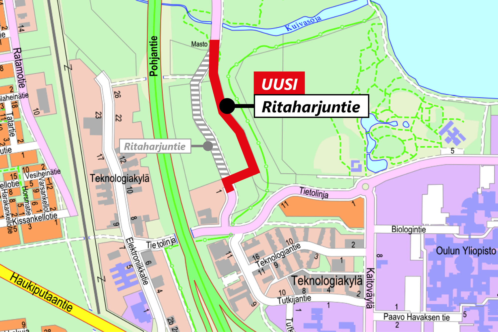 Karttakuva liikenteen siirtymisestä osittain uudelle katuosuudelle