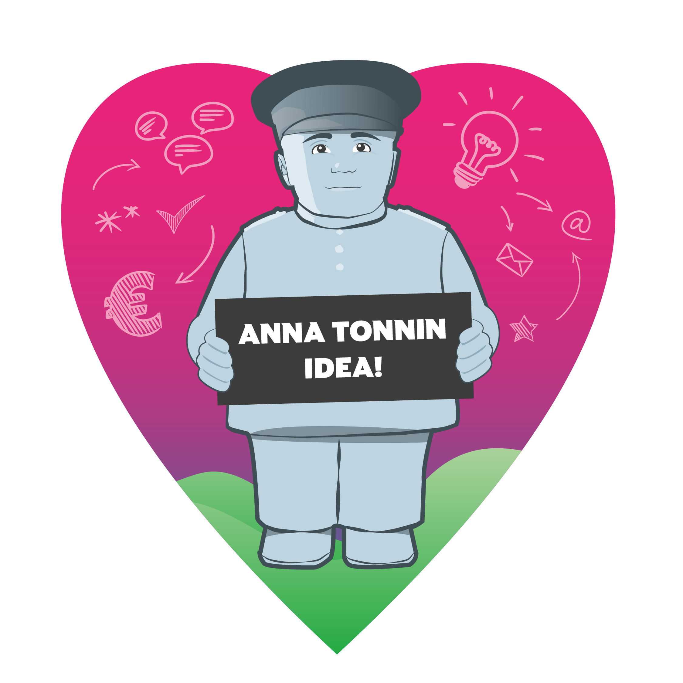 Tonnin idea -kilpailun logo, jossa piirretty Toripolliisi ja teksti: Anna tonnin idea.