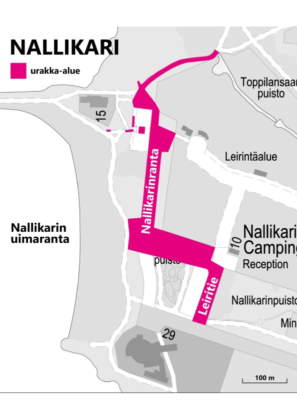 Piirretty kartta Nallikarin alueesta, johon on urakka-alue merkitty pinkillä värillä.