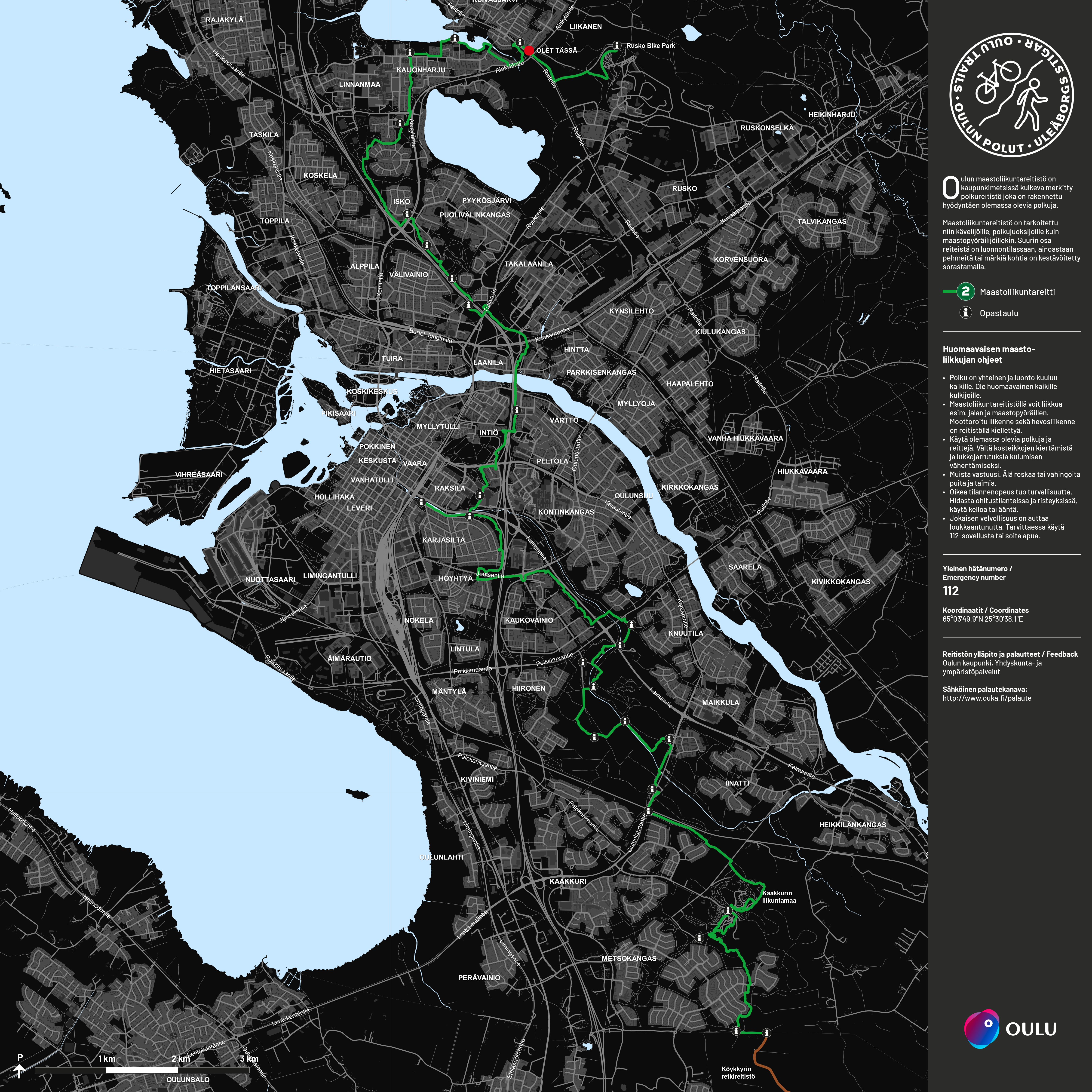 Karttakuva maastoliikuntareitistä, joka valmistuu kesällä 2023 Kaakkurista Ruskoon
