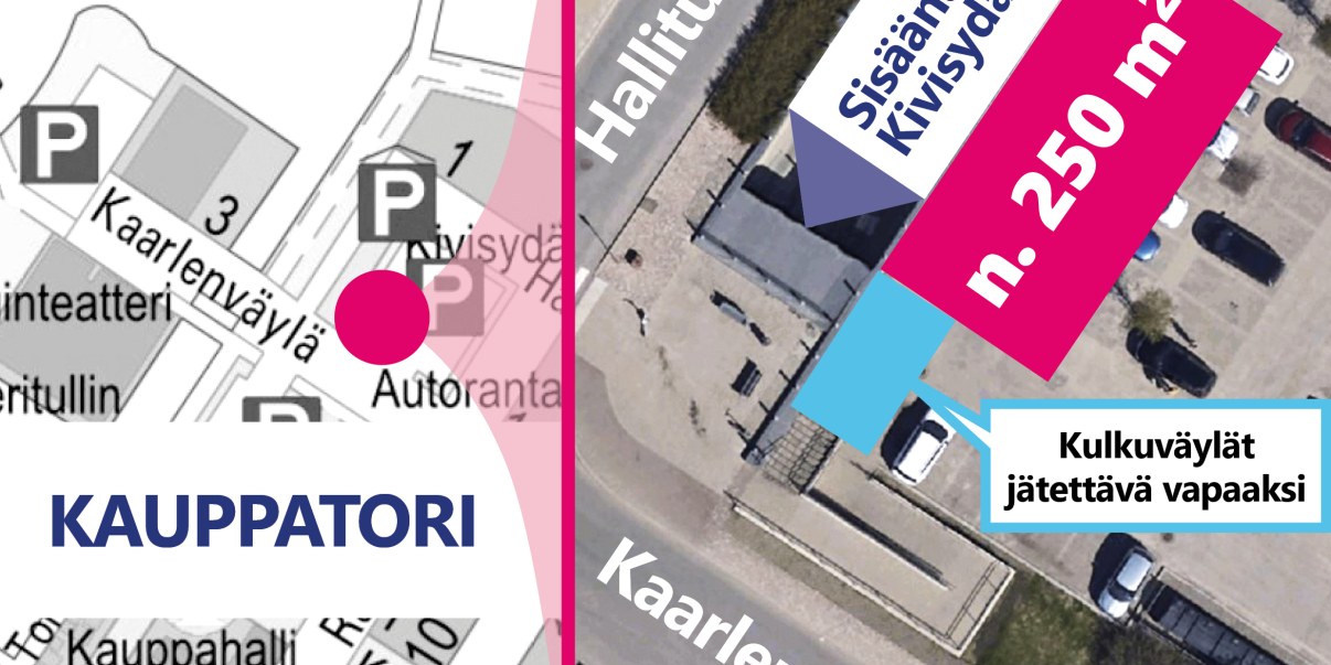 Karttakuva kauppatorista sekä Autorannasta, johon on merkitty alue.