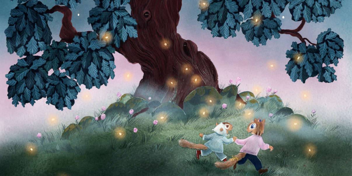 Piirretty kuva kahdesta oravasta, jotka juoksevat käsi kädessä taianomaisessa kesäyössä.