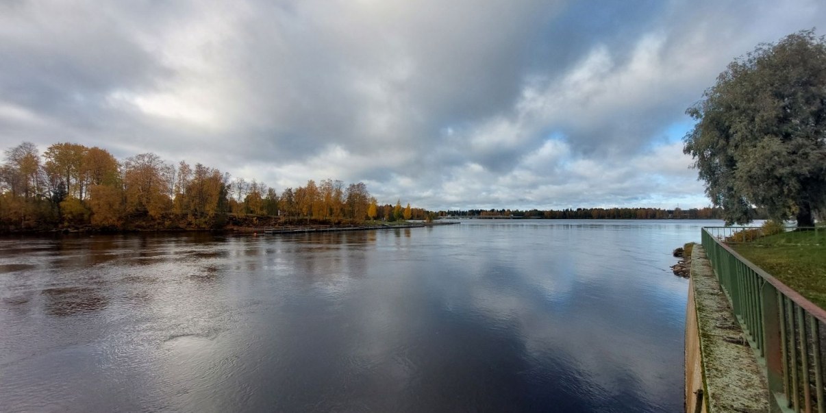 Joki jatkuu horisonttiin päin. Vasemmalla Kuusisaaressa oranssilehtisiä puita, oikealla betonista muuria veden rajaa pitkin sekä rannassa puu.