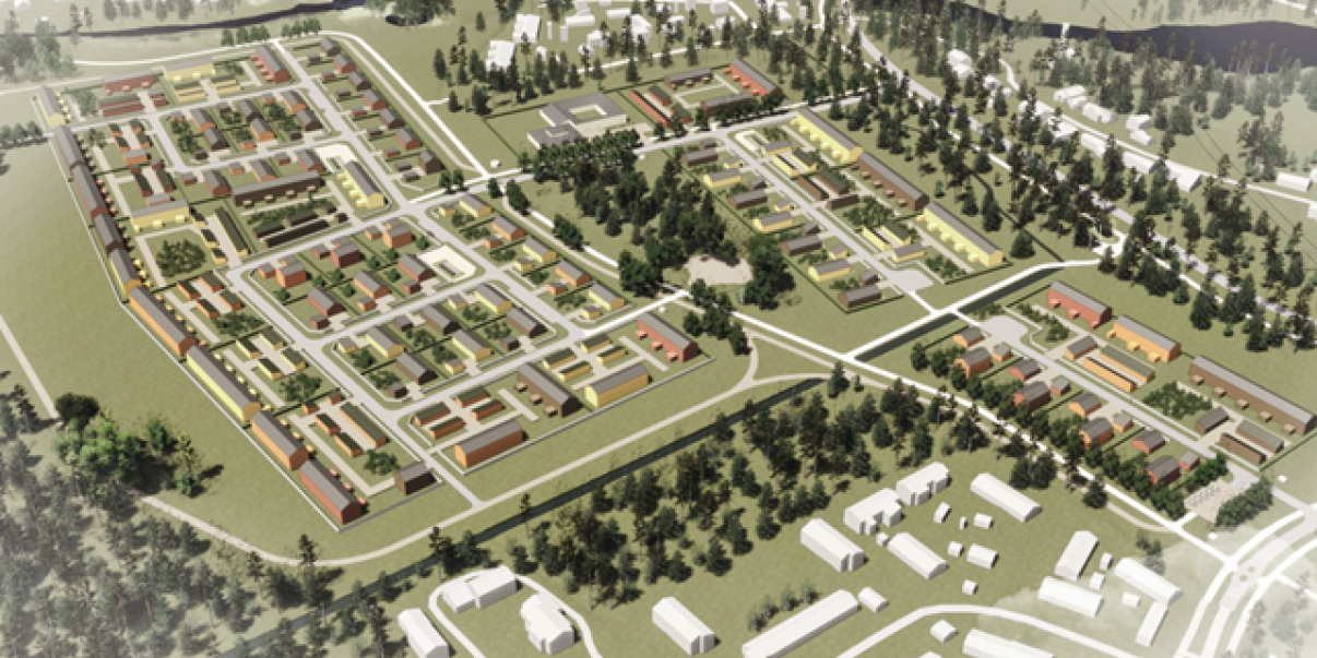 Havainnekuvassa lintuperspektiivinäkymä suunnittelualueelle kaakosta Kuva: Oulun kaupunki /Arkkitehtitoimisto Harris-Kjisik Oy