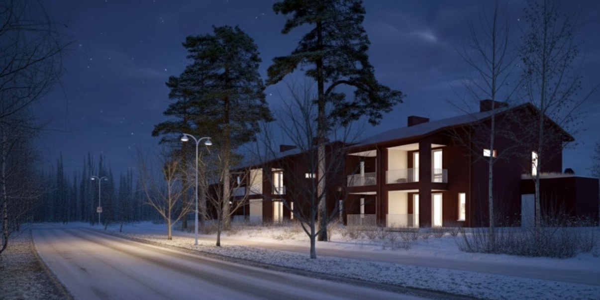 Havainnekuva Pateniemen sahan perheasunnoista kadulta