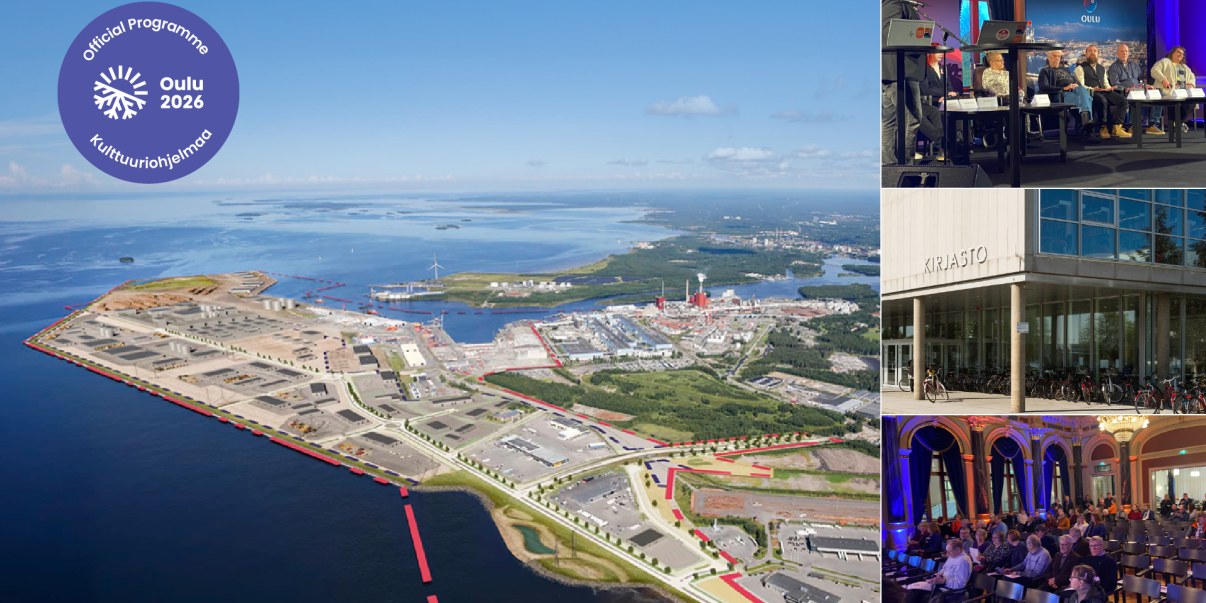 Kuvassa on kollaasi, jossa on kuvia Oulun raadista ja ilmakuva teollisuusalueesta Oulussa.