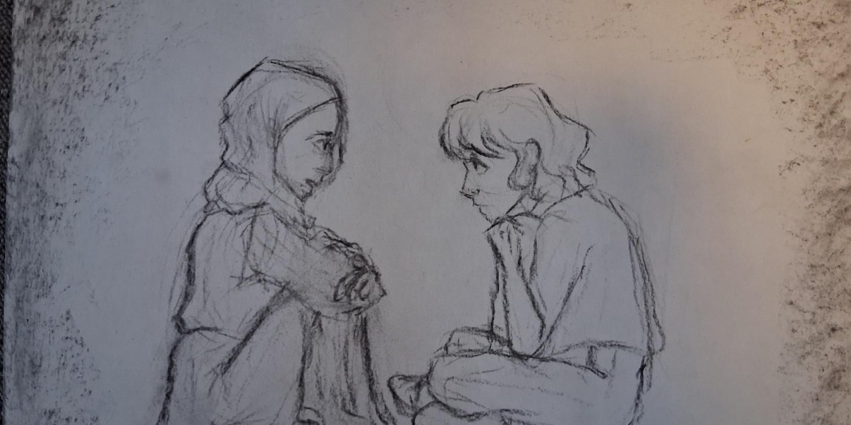 Piirros kahdesta ihmisestä, jotka kuuntelevat toisiaan.