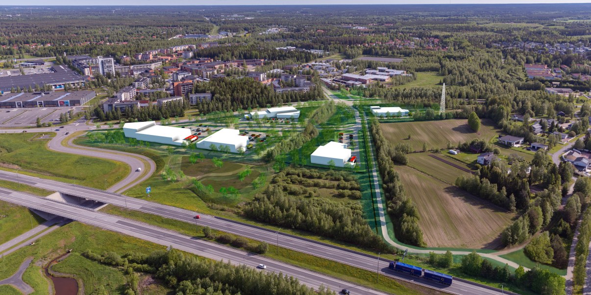 Kuvassa näkymä Nelostieltä kaava-alueelle (Lähde: Oulun kaupunki / A-Insinöörit Suunnittelu Oy, 2026).