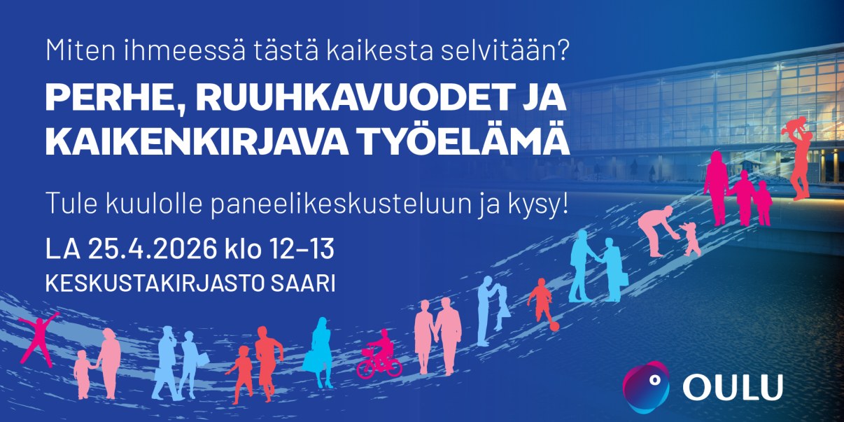 Keskustelutilaisuuden mainoksessa on ihmisiä ja kirjasto.