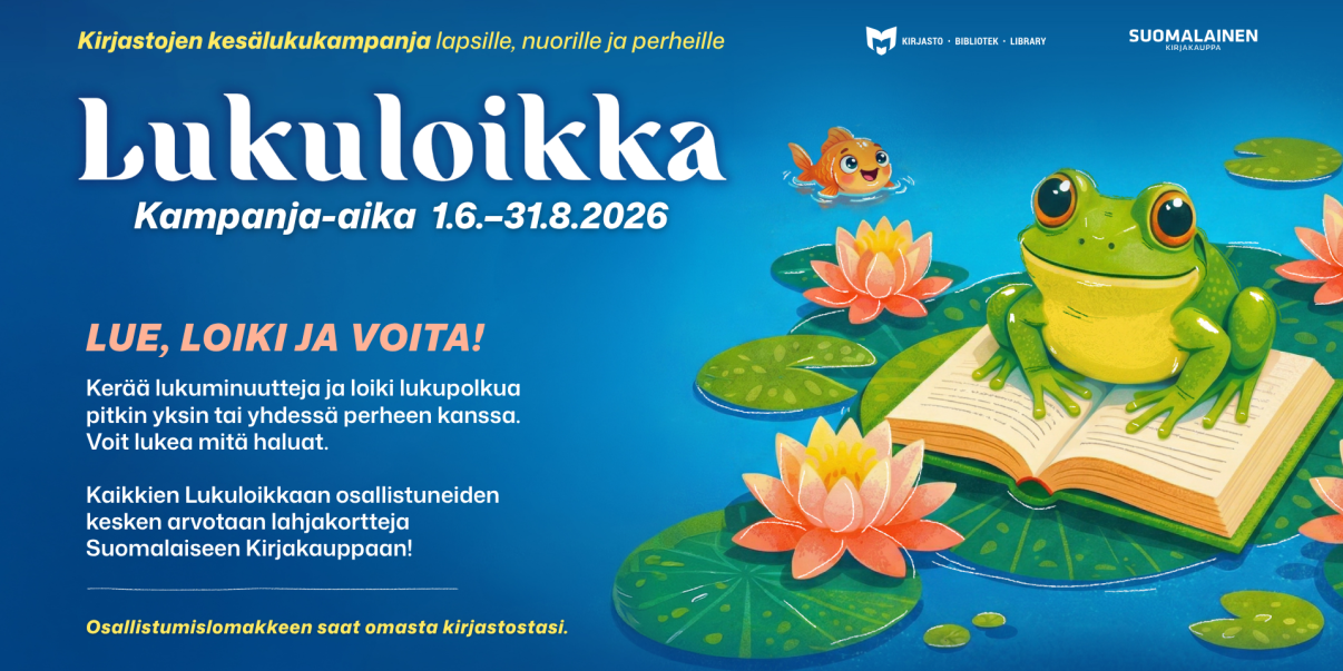 Lukuloikka-mainos, jossa sammakko istuu lumpeella olevan kirjan päällä.