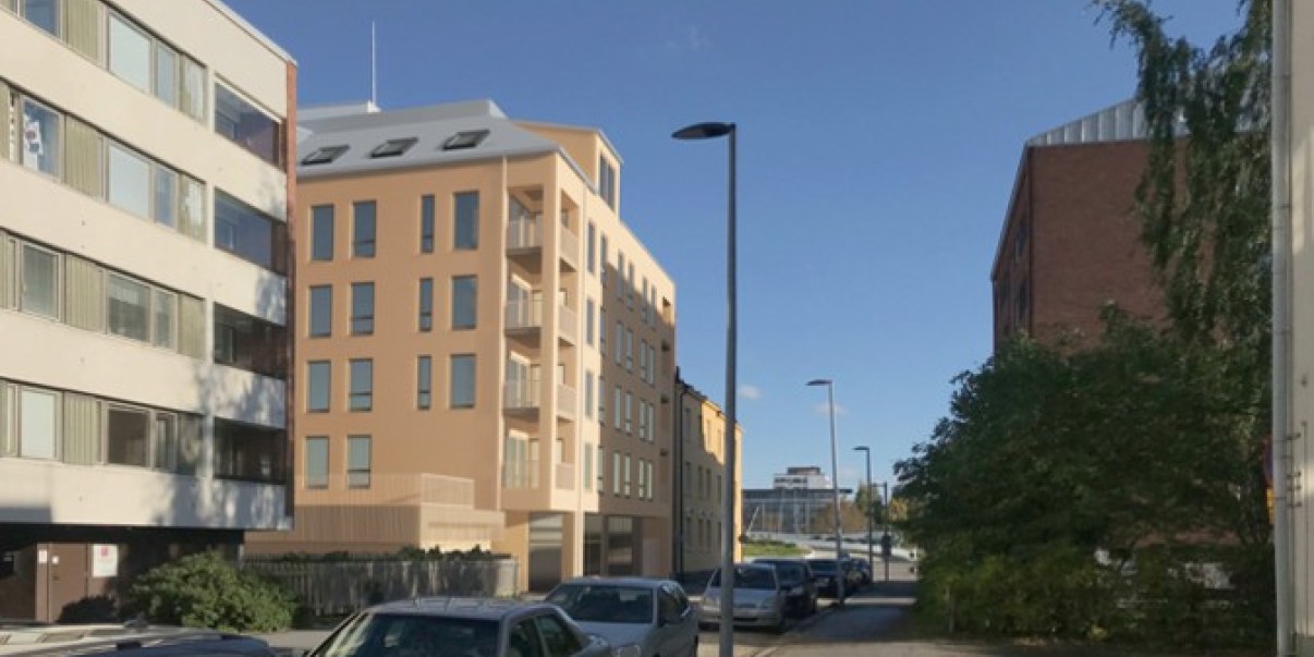Kauppurienkadun katunäkymä (kohti Rautatienkatua) maankäytön viitesuunnitelmavaihtoehdosta VE1. (LUO arkkitehdit Oy, 2026)