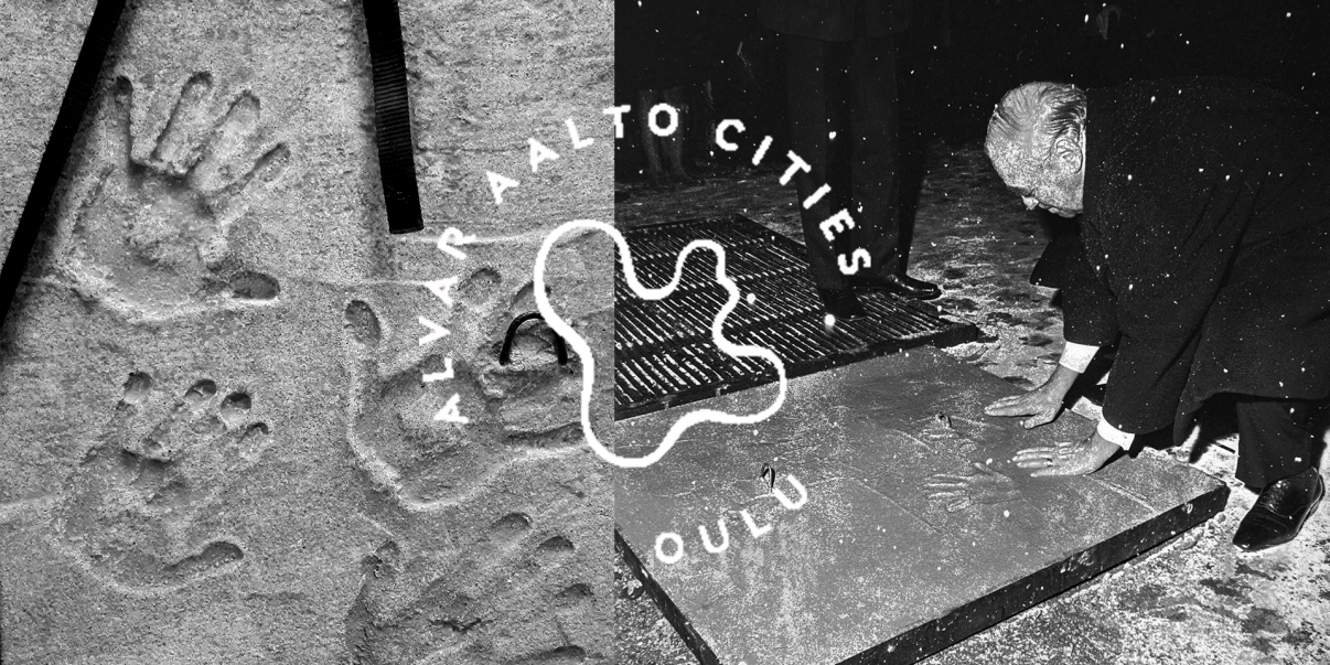Alvar Aalto painoi kädenjälkensä betonilaattaan Oulun arkkitehtikillan 10-vuotisjuhlissa 1969.