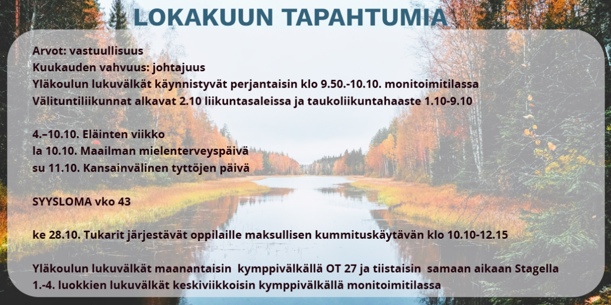 Kuvassa on lueteltu Jäälin koulun lokakuun tapahtumia.