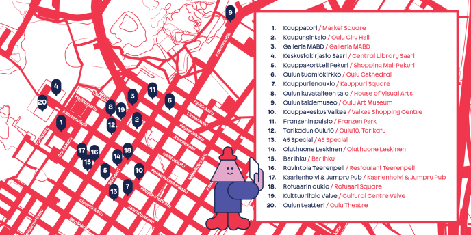 Avajaisfestarikartta ja tapahtumapaikkoja. Tapahtumien paikat löytyvät myös tapahtumakalenterista.