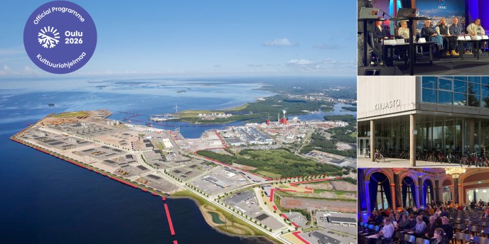 Kuvassa on kollaasi, jossa on kuvia Oulun raadista ja ilmakuva teollisuusalueesta Oulussa.