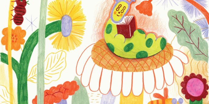 Värikäs piirroskuvitus, jossa on mm. kukkia, muurahainen ja kirjaa lukeva vihreä toukka.