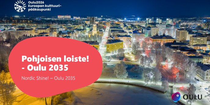 Kuvassa pimeällä otettu ilmakuva Oulun kaupungista, jonka valot loistavat tummansinistä yötaivasta vasten. 