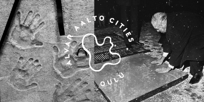 Alvar Aalto painoi kädenjälkensä betonilaattaan Oulun arkkitehtikillan 10-vuotisjuhlissa 1969.