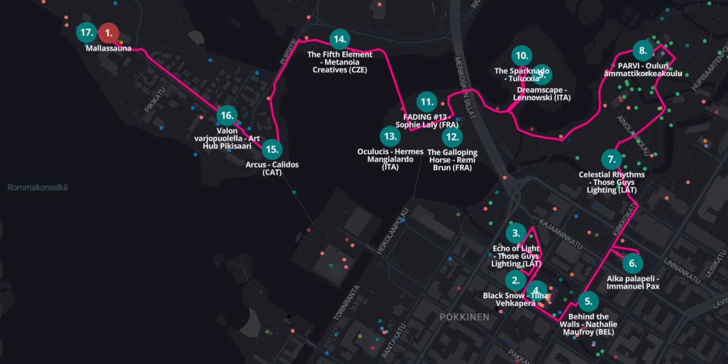 Teosreitillä Oulun keskustassa on 16 valofestivaalin kohdetta.