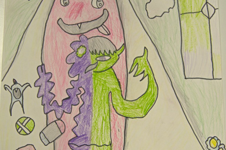 Värikäs piirros, jossa iloisia olioita.