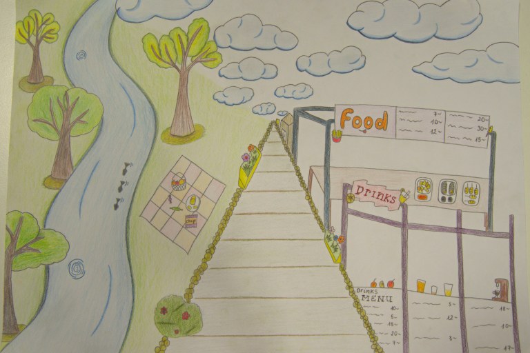 Piirros, jossa kävelytie keskellä, vasemmalla puolella joki ja puita, oikealla puolella ruokakojuja.