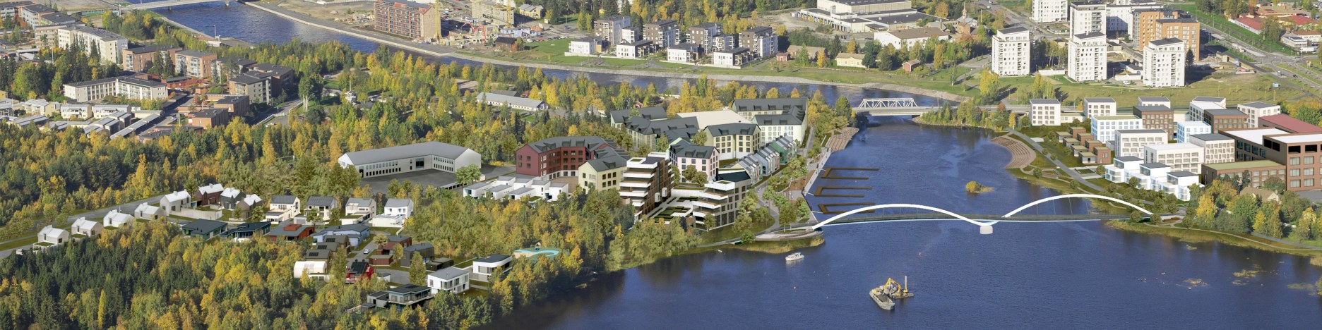 Asuntomessualue sijaitsee Oulujoen suistossa, ilmakuva alueesta.